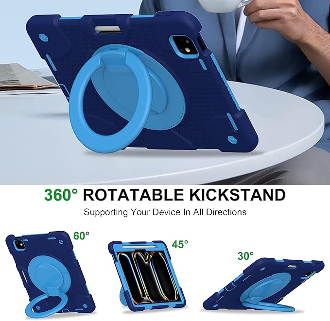 Andnary Case for iPad Pro 11 Inch M4 2024/M5 2025 Case, Heavy Duty Shockproof Cover with Screen Protector/360° Rotate Stand/Shoulder Strap/Pencil Holde (Navy+Blue, iPad Pro M4/M5 11 inch)