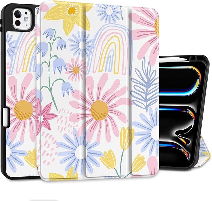 DONGKE Case for iPad Pro 11 inch (M5 2025 / M4 2024, 6th & 5th Generation) – [Built-in Pencil Holder] Ultra Slim PU Leather Trifold Stand Cover with Soft TPU Back, Auto Wake/Sleep, Colorful Florals