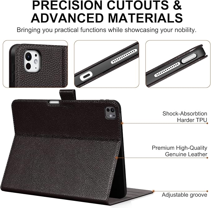 Genuine Leather Case for iPad Pro 13 inch (M5/M4) 2025/2024 with Pencil Holder | Slim Protective Cover with Adjustable Stand,Magnetic Closure,Auto Wake/Sleep, Premium Leather | Dark Brown