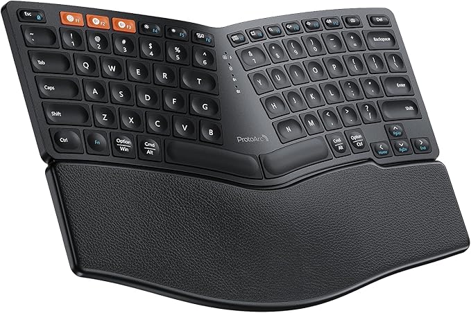 ProtoArc Bluetooth Ergonomic Keyboard, EK04 Mini Compact Wireless Ergonomic Keyboard, Hard Palm Rest, Multi-Device, Split Design, Rechargeable, Compatible with Windows, Mac OS - Black