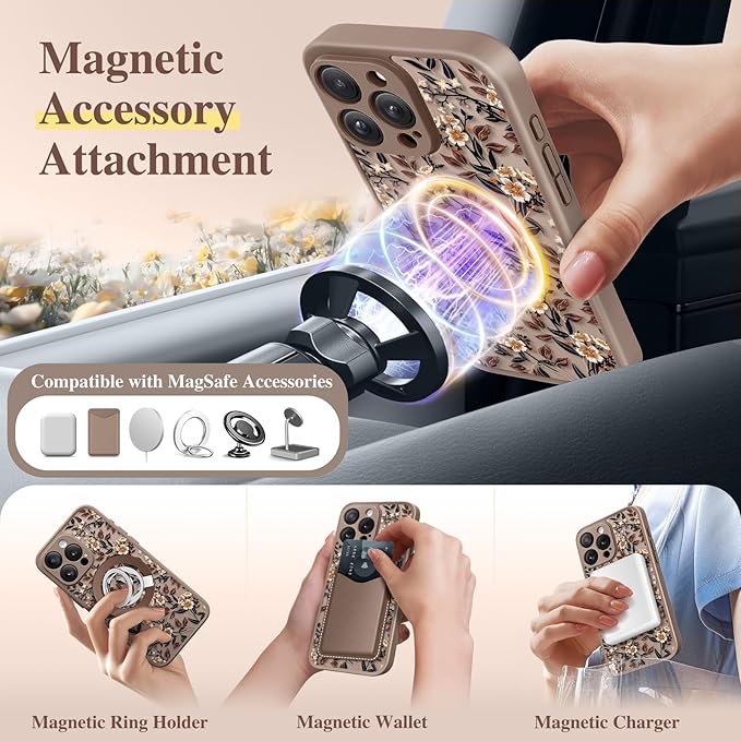 GVIEWIN for iPhone 15 Pro Max Case Compatible with MagSafe, [Military Grade Protection] [Screen Protector] Full Camera Protection Floral Translucent Women Magnetic Phone Case, Bunchflower/Brown