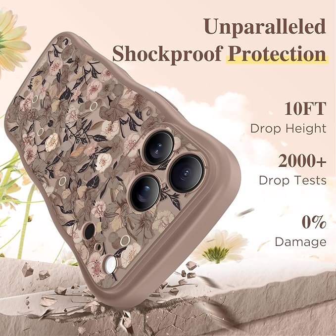 GVIEWIN for iPhone 17 Pro Max Case Compatible with MagSafe [Curly Wave Edge][Full Camera Protection] Floral Translucent Shockproof Magnetic Women Phone Case for 17 Pro Max, Apricot Blossom/Brown