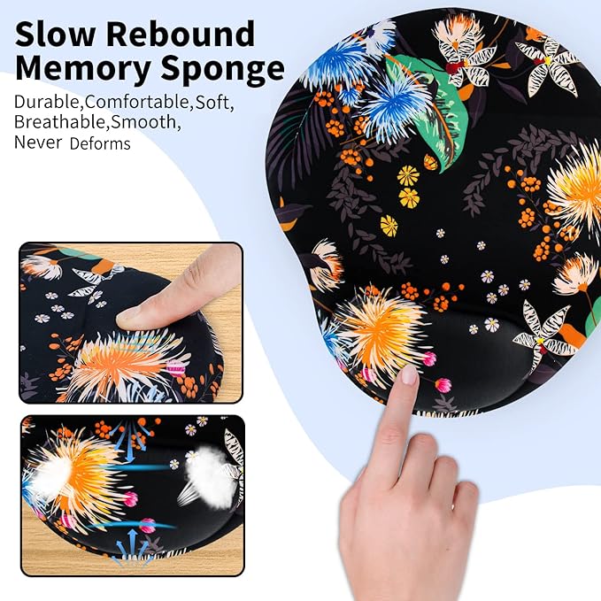 Ergonomic Mouse Pad with Wrist Support,Cute Mouse Pads with Wrist Rest,Comfortable Mouse Pad for Home Office Gaming Working Computers Laptop,Pain Relief with Non-Slip PU Base (Black Floral)