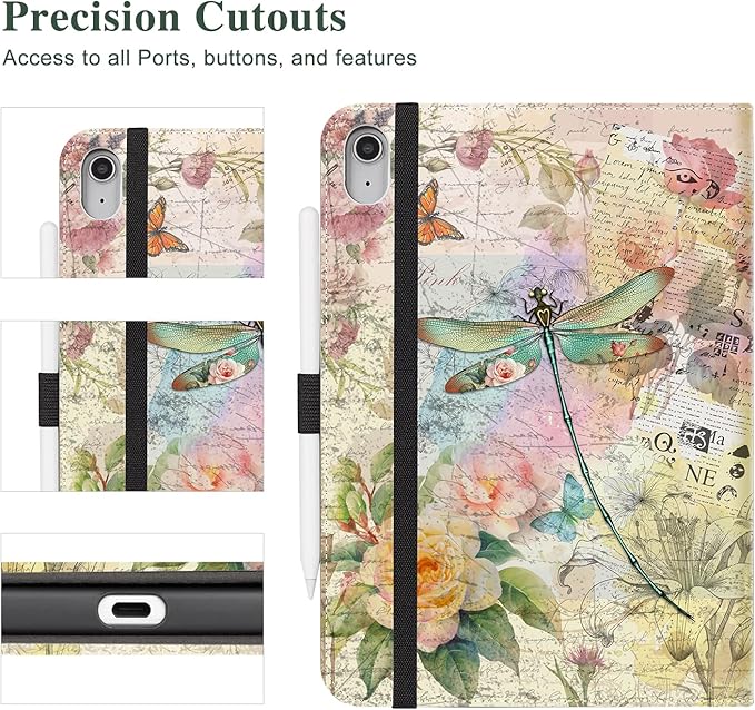 Vimorco Case for iPad (A16) 11th Generation 2025, for iPad 11th/10th Generation Case, Pencil Holder with Hand Strap & Pocket, Multi-Angle Viewing PU Leather Cover, Auto Wake/Sleep, Dragonfly Flower