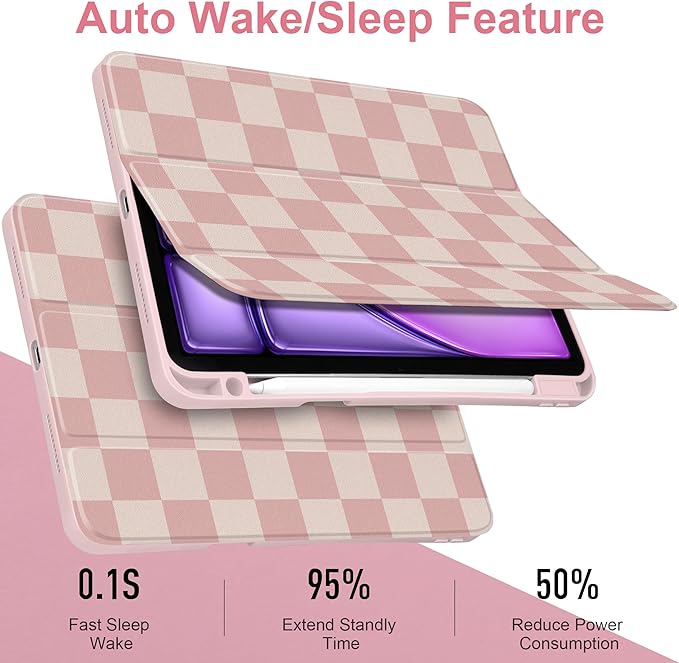 Case for iPad Air 13 inch 2026 M4 2025 M3 2024 M2 Release with Pencil Holder - Aesthetic Cute Preppy Design Trifold Cover with Soft TPU Bumper Clear Back Auto Sleep for Girls Women, Lattice