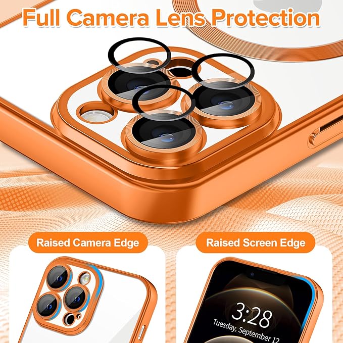 Hython Magnetic Clear for iPhone 12 Pro Case with Camera Lens Protector [Compatible with MagSafe] Luxury Plating Edge Slim Soft TPU Cover Protective Phone Case for iPhone 12 Pro 6.1", Matte Orange