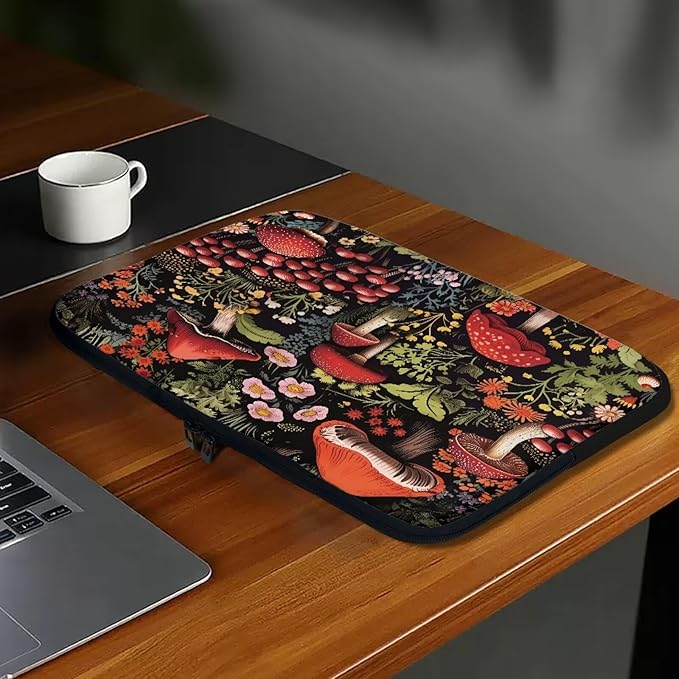 Mushroom Laptop Protective Sleeve for Women Men 10 inch Flower Computer Sleeve Neoprene Laptop Bag Lightweight Lap Top Case Suitable for Travel School Office Organizers Black