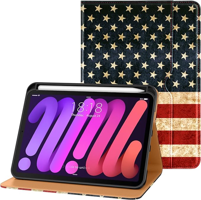 DTTO for iPad mini 7th (A17 Pro) 2024/iPad Mini 6th Generation Case 2021 8.3 Inch, Premium Leather Business Folio Stand Cover for Mini 7/6 with Pencil Holder-Multiple Viewing Angles, US Flag