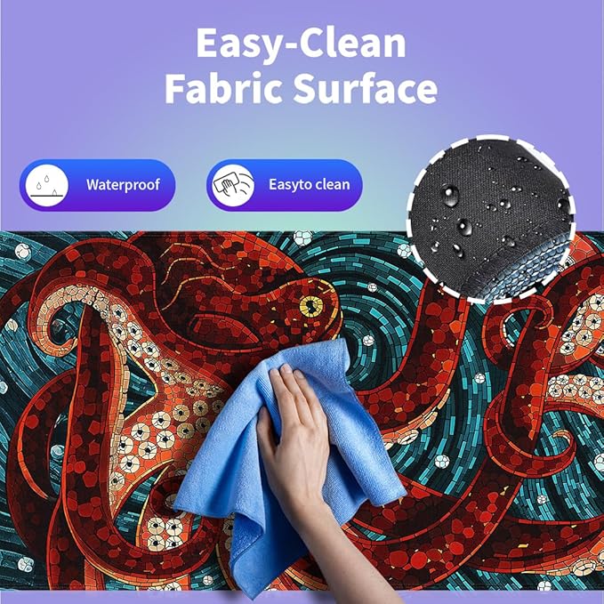 Large Gaming Mouse Pad (31.5" x 15.8")- Abstract Red Octopus Painting Art Cool Sea Monster Blue Ocean, Extra XXL Extended Office Accessories, Premium Stitched Anti-Slip Desk Mat