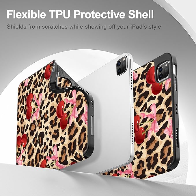 May Chen Case for iPad Pro 11 inch (4th, 3rd, 2nd & 1st Gen) 2022 2021 2020 2018, Trifold Stand + Pencil Holder + Auto Wake/Sleep + Soft TPU Protective Stand Back Cover, Cherry & Cheetah