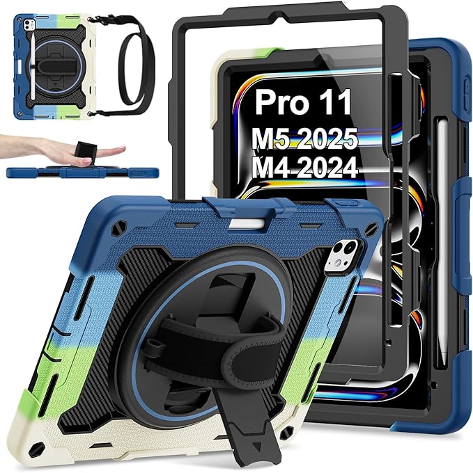 iPad Pro 11 Inch Case M5 2025/M4 2024, Heavy Duty Shockproof Protective Case with Screen Protector, 360° Rotating Stand Hand Strap Shoulder Strap Kids Cover Apple Pencil Holder