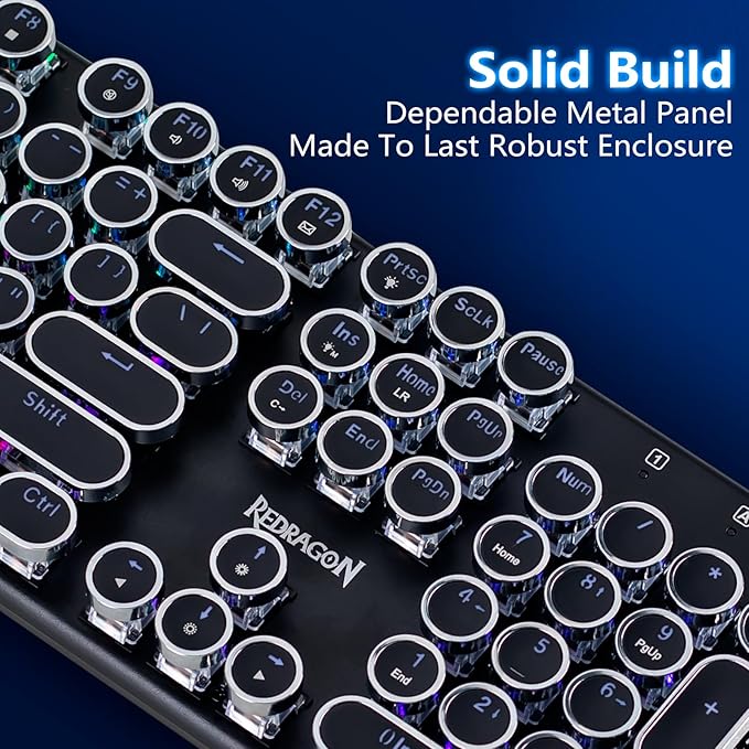 Redragon Wireless Typewriter Style Mechanical Gaming Keyboard, Bluetooth/2.4Ghz/Wired, RGB Backlit, Rechargeable, Blue Switch - Clicky, Metal Panel, Round Keycaps, Black