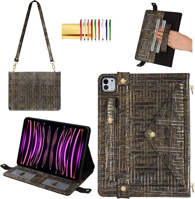 Handbag Case for iPad Pro 12.9" 2018-2022 & iPad Air 13-inch 2024-2025 - Techcircle Vintage Maze Pattern Crossbody Folio Stand Case with Pencil/Card Holder, Hand Grip/Shoulder Strap, Retro Bronze