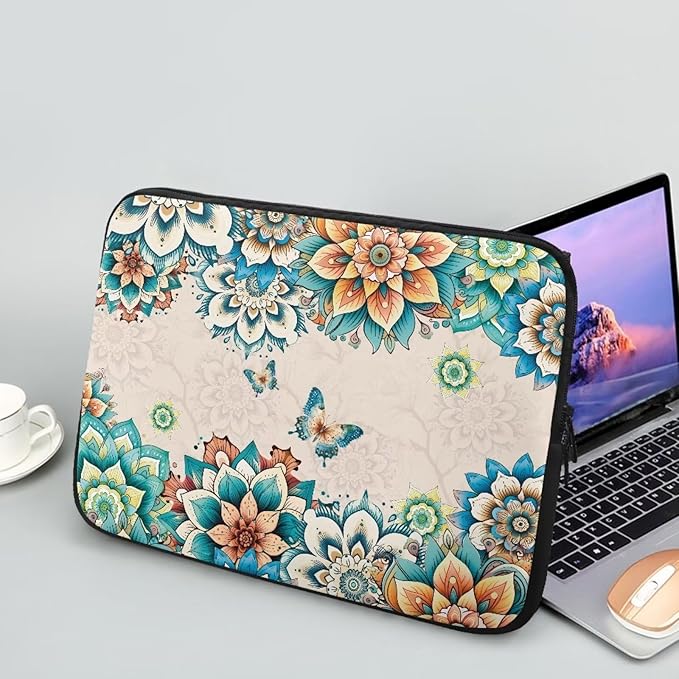 Boho Flower Butterfly Laptop Protective Sleeve for Women Computer Sleeve 17 Inch Laptop Case Bag Portable Computer Carrying Case Suitable GITS for Men Teens