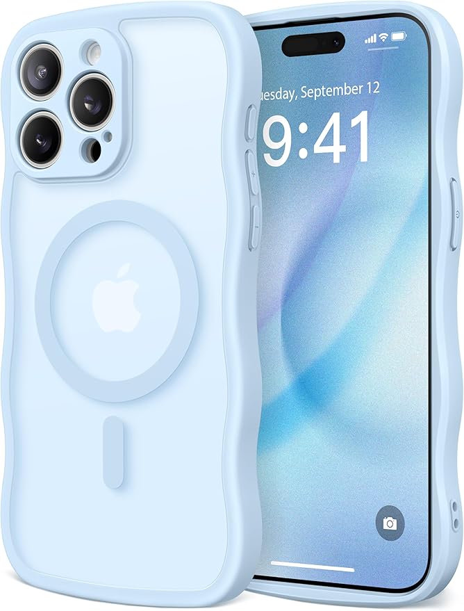 CAPRARO Cute for iPhone 15 Pro Max Case, Compatible with MagSafe, [Curly Wave Edge] [Full Camera Protection] [14 FT Drop Protection] Magnetic Phone Case for 15 Pro Max 6.7 Inch, Light Blue
