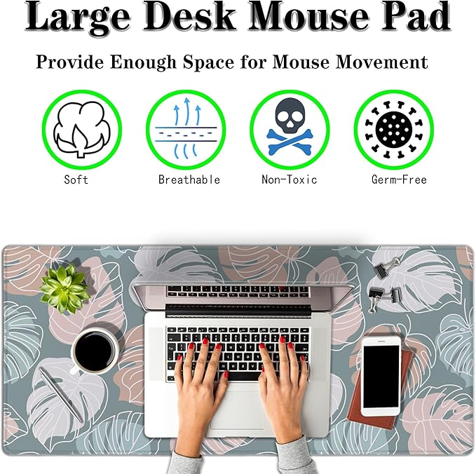 Large Desk Mat Green, Gaming Mouse Pads Office Desk Pad, Keyboard Desk Mat Non-Slip Rubber Base Waterproof with Stitched Edges, 35.4 X 15.7 inch for Work/Game/Office/Home Tropical Monstera