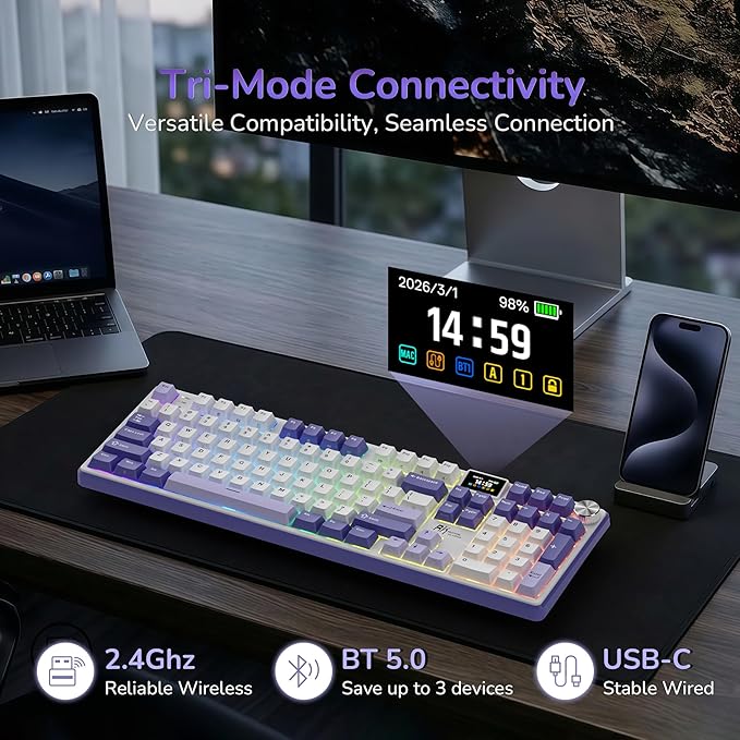 RK ROYAL KLUDGE S104 Wireless Mechanical Keyboard w/Screen & Knob, Tri-Mode 101 Keys Full Size Top Mount RGB Gaming Keyboard BT/2.4G/USB-C, 8000mAh Battery, Web Driver, Hot Swap Custom Linear Switch