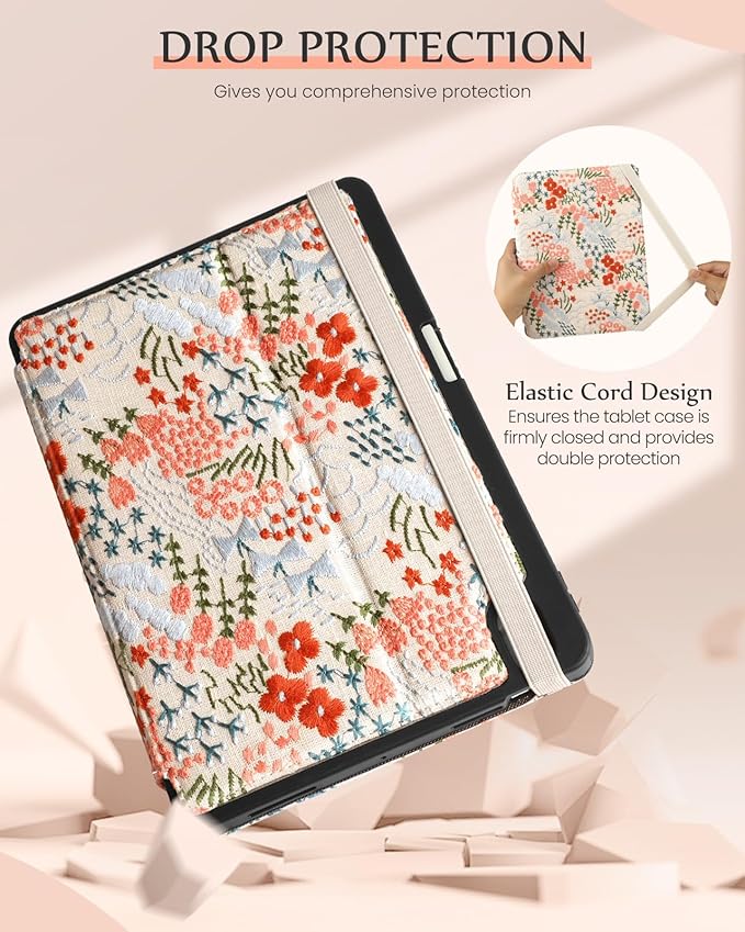 Uppuppy for iPad 10th Generation Case, for iPad (A16) 11th Generation Case - Women Girls Cute Embroidered Folio Stand Cover with Pencil Holder & Card Slot Kawaii Girly Floral Flower Aesthetic Cases