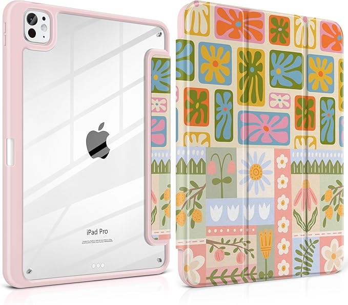 Case for iPad Pro 13 inch (M5) 2025 (M4) 2024 Release Slim Lightweight Cute Light Pink Cover with Clear Back TPU Edge Pencil Holder Trifold Stand, Flower Patchwork