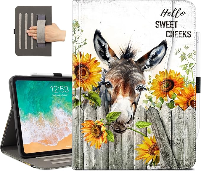 Vimorco for iPad Pro 13 Inch Case M5/M4 2025/2024, Sunflower for iPad Pro 13 Case, Pencil Holder/Hand Strap/Pocket/Screen Protection Band, for iPad 13 Pro Cover, Auto Sleep/Wake, Funny Donkey