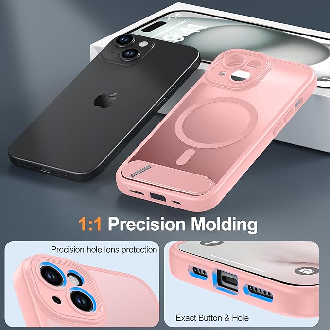 Magnetic Compatible with iPhone 15 Case, [Built-in Invisible Kickstand][Compatible with MagSafe][Full Camera Protection] Translucent Matte Phone Case for iPhone 15 6.1" Pink