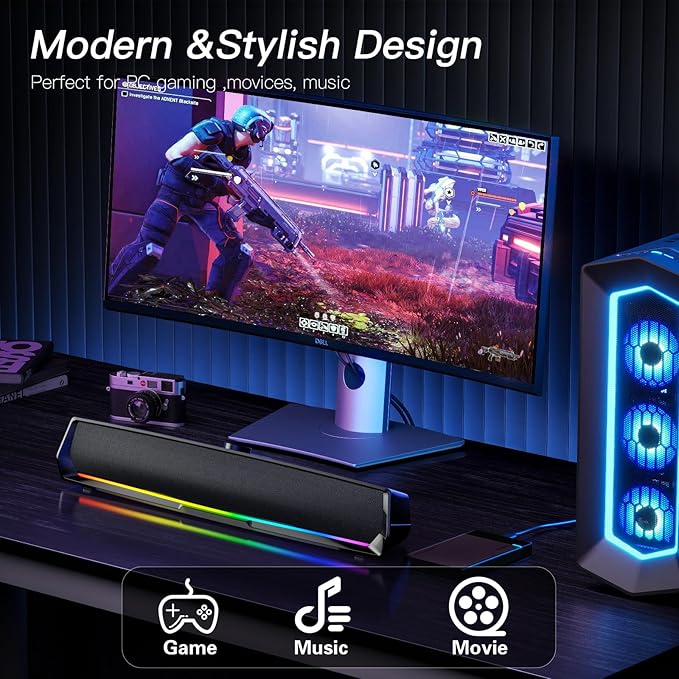 Computer Speakers for Desktop,PC Speakers Gaming Sound bar with Colorful Light,USB Speaker With Bluetooth for PCs Desktop Laptop Tablets,Wired Bluetooth Speaker for Phones(Type-C Adapter Included)