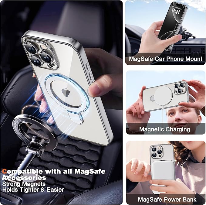 Compatible with iPhone 16 Pro Case with Invisible Magnetic Ring Stand [Compatible with Mag-Safe] [Full Camera Lens Protector] Plating Clear Phone Case for iPhone 16 Pro 6.3", Silver