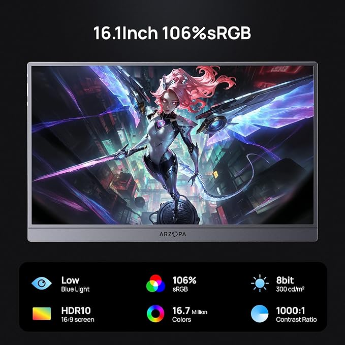 ARZOPA 16.1'' 144Hz Portable Gaming Monitor, 106% sRGB 1080P FHD Kickstand Portable Monitor with HDR, Ultra Slim, Eye Care, External Second Screen for Laptop, PC, PS5, Mac, Xbox-Z1FC Gray