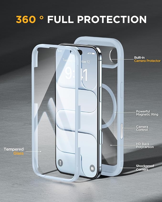 Miracase Magnetic for iPhone Air Case 6.5" [Compatible with MagSafe] Full-Body Phone Case with Built-in Glass Screen Protector & Camera Control,Drop Proof iPhone 17 Air Case Cover, Light Blue