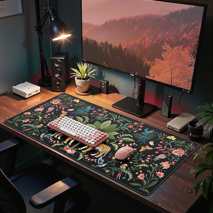 HAOCOO Gaming Large Mouse Pad with Smooth Surface, Extended Computer Pad with Non-Slip Rubber Base, Waterproof Laptop Pad, Stitched Edge Desk Cover Mat for Writing, Dining(Jungle)