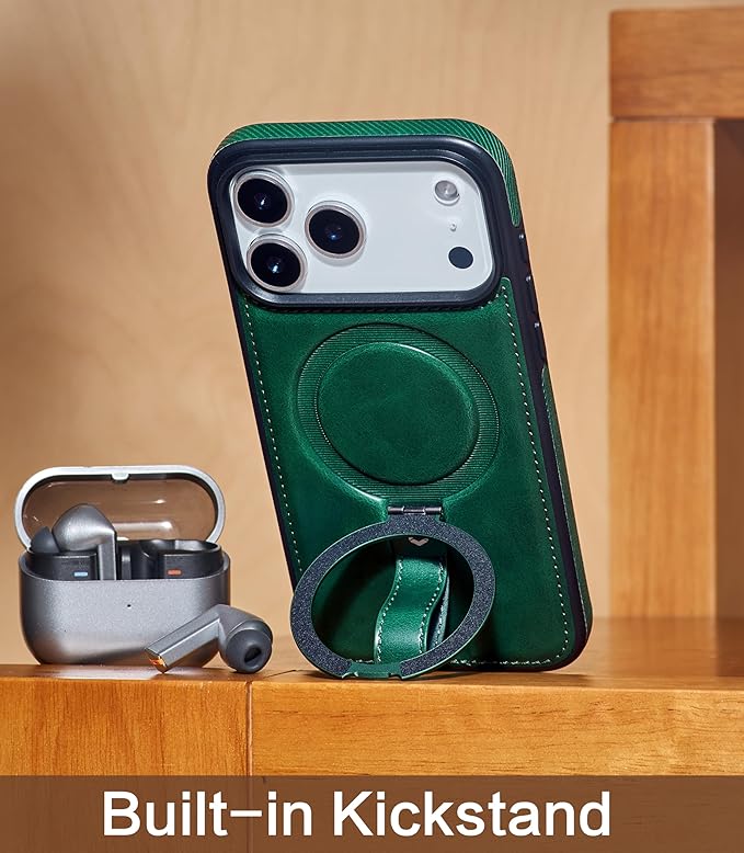 Butaiga for iPhone 17 Pro Max Leather Case with Stand, Anti-Slip Grip Ring, Fits for MagSafe (Green, iPhone 17 Pro Max)