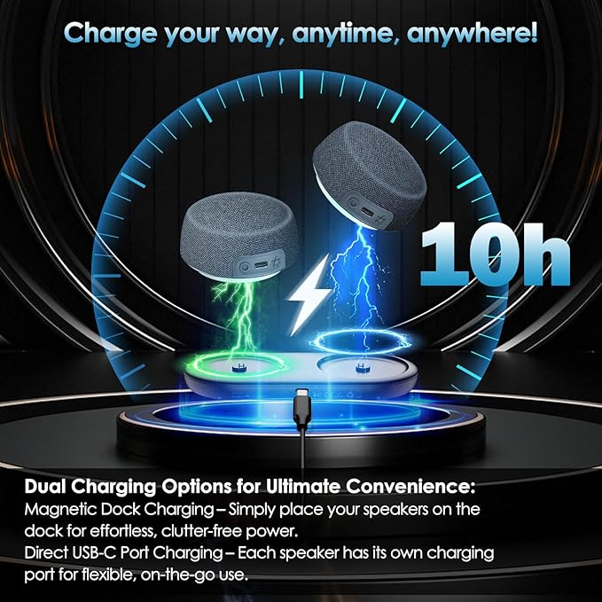 Dual Bluetooth Speaker Set with Magnetic Base & Phone Stand - TWS Stereo Sound, 10H Playtime, 3H with RGB Music Lights on - Wireless Speaker for Home Theater, Outdoor, TV Watching (BH132AE)