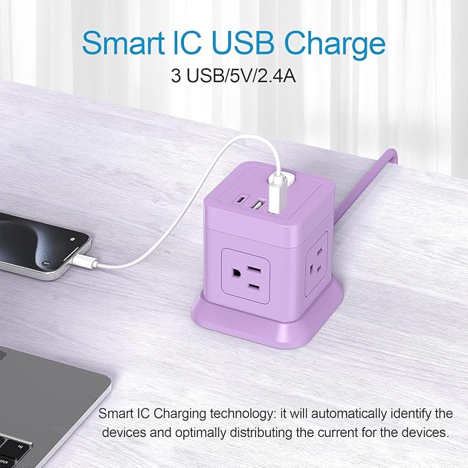Cube Power Strip, FDTEK 4 Widely Spaced Outlet with 3 USB (1 USB C) Flat Plug Power Strips with Long Extension Cords Space Save Compact Portable for Travel Home Office Cruise (Purple) 5FT