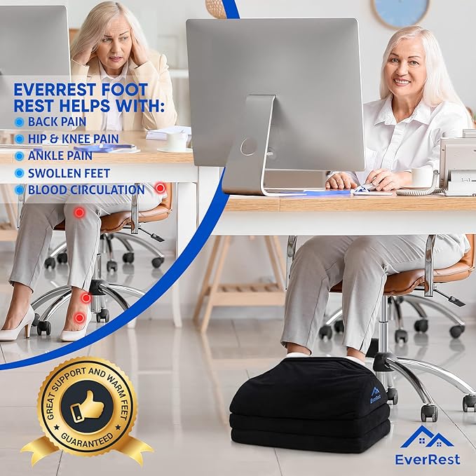 EverRest Under Desk Footrest for Office Use - Warmer Feet, 3 Adjustable Heights - Tall Ergonomic Foot Rest Stool for Gaming Chair, Computer - Leg Support for Work from Home