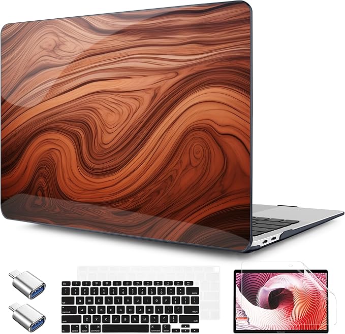 TWOLSKOO for MacBook Air 13.3 inch Case 2021 2020 2019 2018 Release M1 A2337 A2179 A1932 with Touch ID, Plastic Hard Shell Case & Keyboard Cover & Type C Adapter, Wood Grain