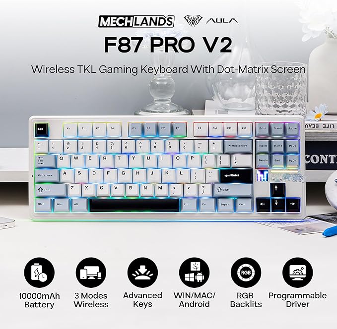 MechLands Aula F87 PRO V2 Wireless Gaming Keyboard with 10000mAh Battery, 8K Polling, SOCD/MT/TGL, BT/2.4GHz/Wired, Hot Swap TKL Mechanical Keyboard with Creamy Gasket, RGB Backlit (White Blue)