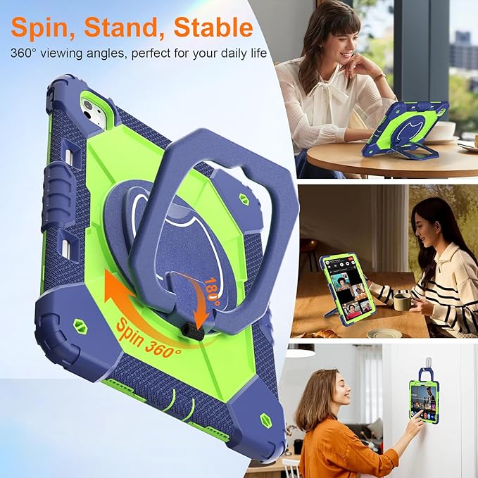 Case for iPad Pro 13 Inch M5 2025/ M4 2024, Ubearkk for iPad Pro 13 Inch case with Screen Protector, 360 Degree Rotating Stand Shoulder Strap Pencil Holder,Military Grade Shockproof, Navy Green
