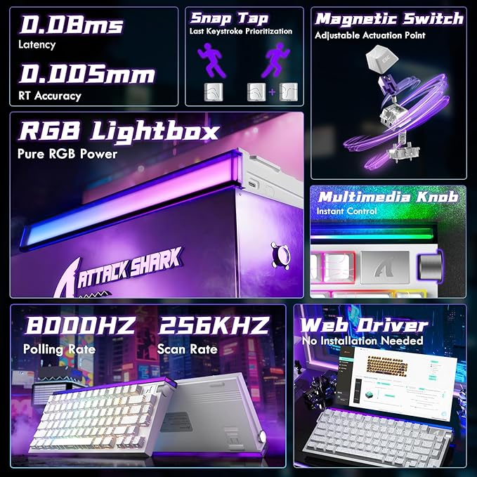 ATTACK SHARK R85HE Wired 75% Hall Effect Rapid Trigger Mechanical RGB Gaming Keyboard with 8K Polling,0.05mm RT Accuracy,0.08MS Latency,Magnetic Switch,5Layer Sound Damped,Driver for PC(White Contour)