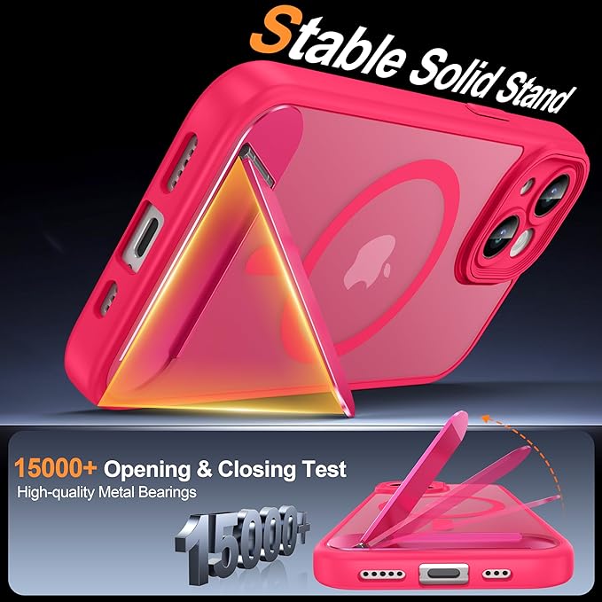 Magnetic Compatible with iPhone 15 Case, [Built-in Invisible Kickstand][Compatible with MagSafe][Full Camera Protection] Translucent Matte Phone Case for iPhone 15 6.1" Hot Pink