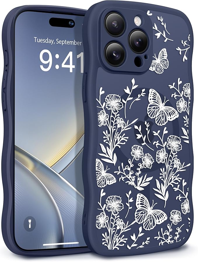 GVIEWIN for iPhone 15 Pro Max Case Compatible with MagSafe [Curly Wave Edge][Full Camera Protection] Floral Translucent Shockproof Magnetic Women Phone Case for 15 Pro Max 6.7'', Tuberose/Blue