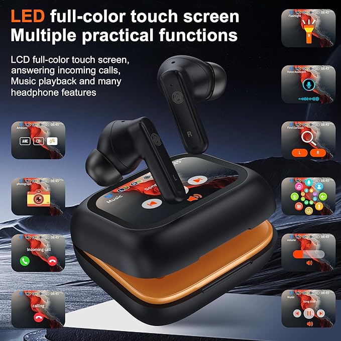 THREE PEACHES Wireless Earbuds Bluetooth 5.4 Headphones, Touch Screen, Call ENC Noise Cancelling, USB Charging Case for iPhone/Android, Black