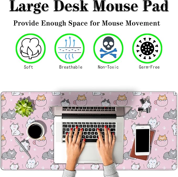 Gaming Mouse Pad Pink, Large Mousepads Computer Desk Mat, XXL Mouse Pad Gaming Non-Slip Rubber Base Waterproof with Stitched Edges, 35.4 X 15.7 inch for Work/Game/Office/Home Cartoon Cat