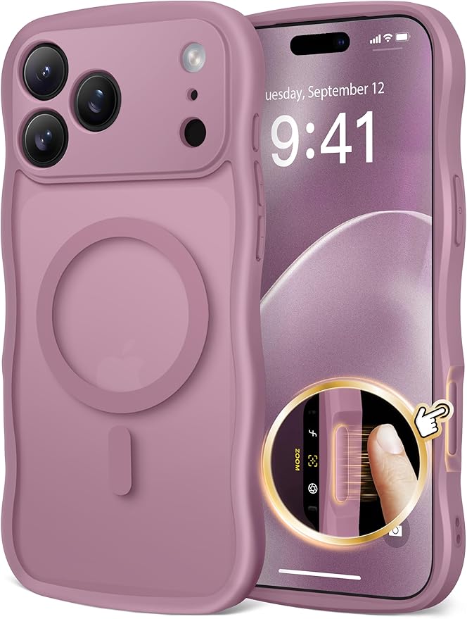 CAPRARO Magnetic for iPhone 17 Pro Case for Women Girls, Upgraded [Full Camera Protection] [Compatible with MagSafe] Cute Wave Translucent Matte Phone Case for iPhone 17 Pro, Black Currant