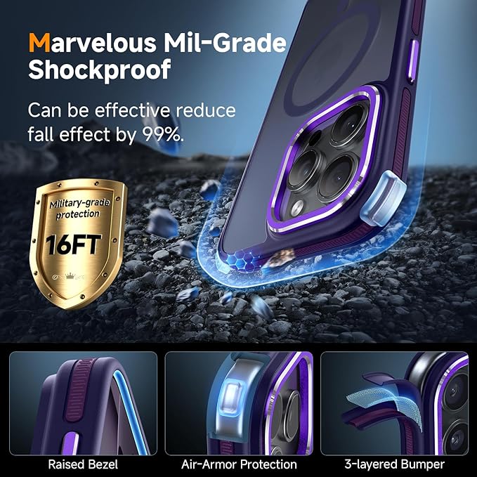 Magnetic 3 in 1 for iPhone 16 Pro Max Case, [Omni-Directional Protection] with 1x Screen Protector + 1x Camera Cover, [Seamless Work with Magsafe] Protective Silm Case for iPhone 16 Pro Max Purple