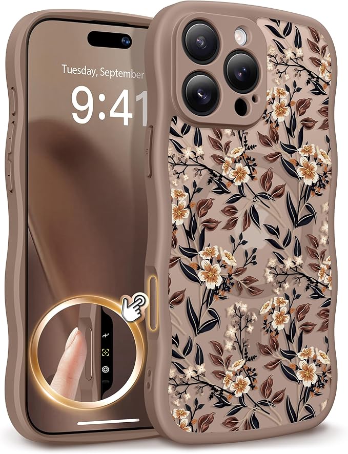 GVIEWIN for iPhone 16 Pro Max Case Compatible with MagSafe [Curly Wave Edge][Full Camera Protection] Floral Translucent Shockproof Magnetic Women Phone Case for 16 Pro Max, Bunchflower/Brown