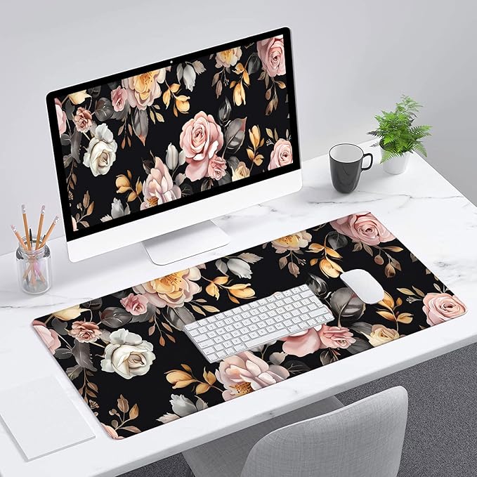 Peony Flowers Gaming Mouse Pad Pink Flowers Extended Gaming Mouse Pad Mat with Stitched Edge Non-Slip Base Big Mouse Pad 31.5"x11.8" Office Computer Keyboard Laptop Home