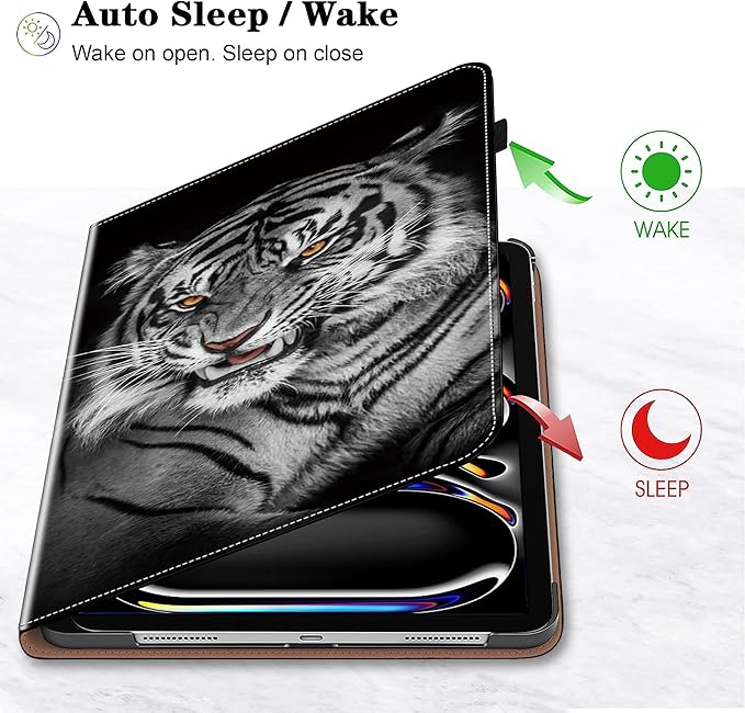 Case for iPad Pro 11 inch Case (M5/M4) 2025/2024, Premium Leather Folio Stand Cover with Auto Wake/Sleep, Pencil Holder and Card Slots - Black Tiger