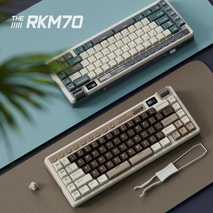RK ROYAL KLUDGE M70 Wireless Mechanical Keyboard with Macro Keys 2.4GHz/Bluetooth/Wired 75% Gaming Keyboard with 6000mAh Battery Gasket-Mount Display & Knob RGB Hot-Swappable Soft Tactile Beige Switch