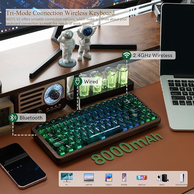 Womier 75% Mechanical Keyboard Wireless with QMK/VIA, WD75 V2 Wood Gaming Keyboard 8000mAh Battery, Tri-Mode Custom Key Board RGB Hot Swappable with Translucent Clear Keycaps-POM Linear Switch