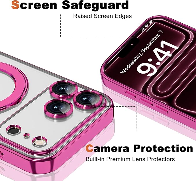 Compatible with iPhone 17 Pro Case with Invisible Magnetic Ring Stand [Compatible with Mag-Safe] [Full Camera Lens Protector] Plating Clear Phone Case for iPhone 17 Pro 6.3", Rose